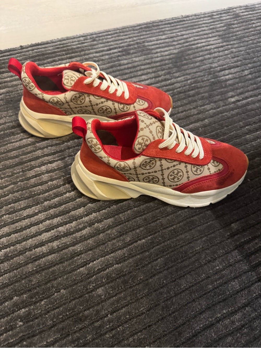 Tory Burch Red Logo-Print Chunky Lace-Up Sneakers LIKE NEW